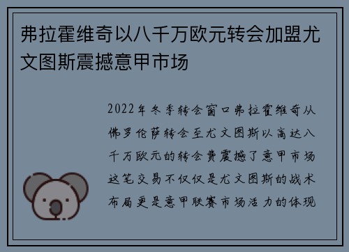 弗拉霍维奇以八千万欧元转会加盟尤文图斯震撼意甲市场