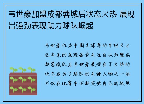 韦世豪加盟成都蓉城后状态火热 展现出强劲表现助力球队崛起