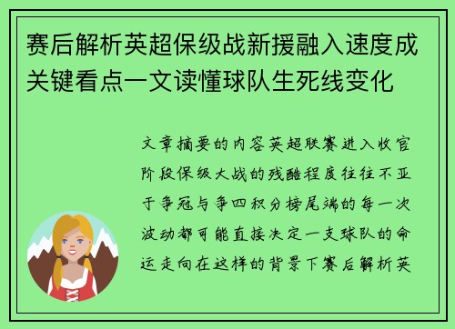 赛后解析英超保级战新援融入速度成关键看点一文读懂球队生死线变化